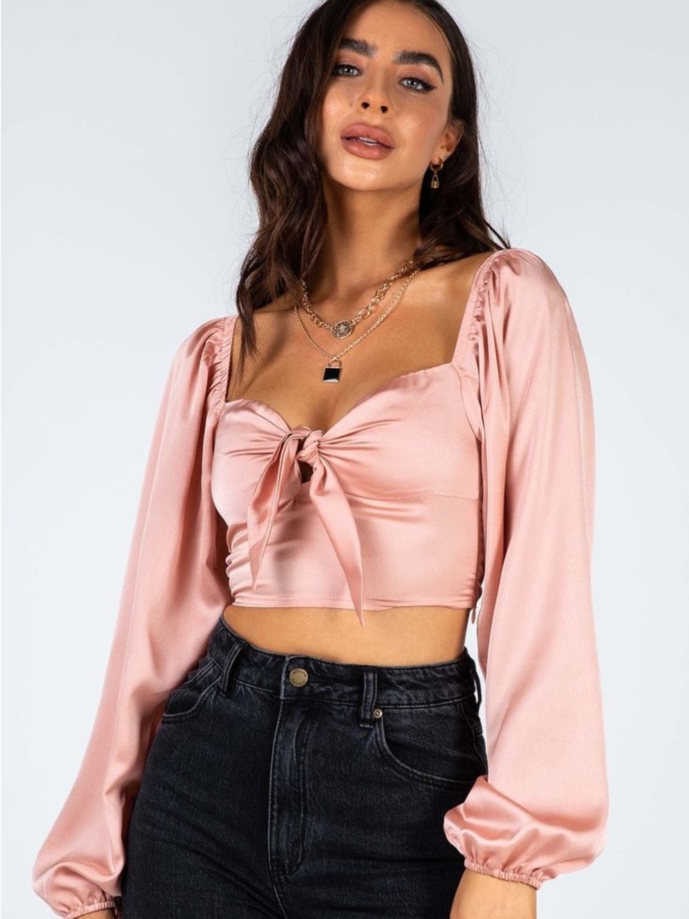 Adore Me Pink Tie-Front Long-Sleeve Crop Top